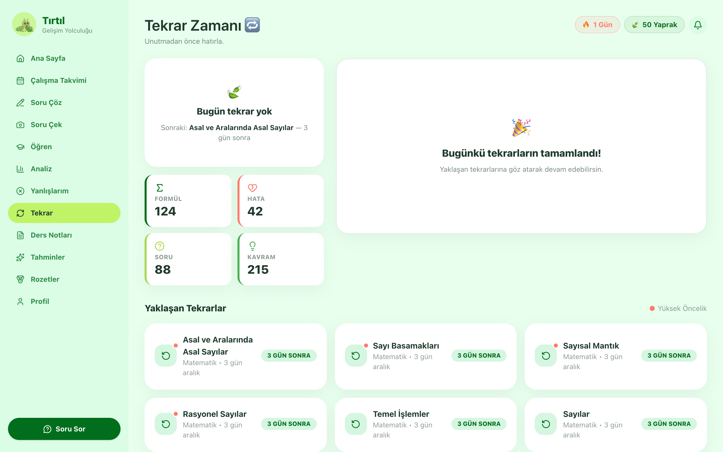 Aralıklı tekrar ekranı — 3-7-14-30 tekrar kuyruğu